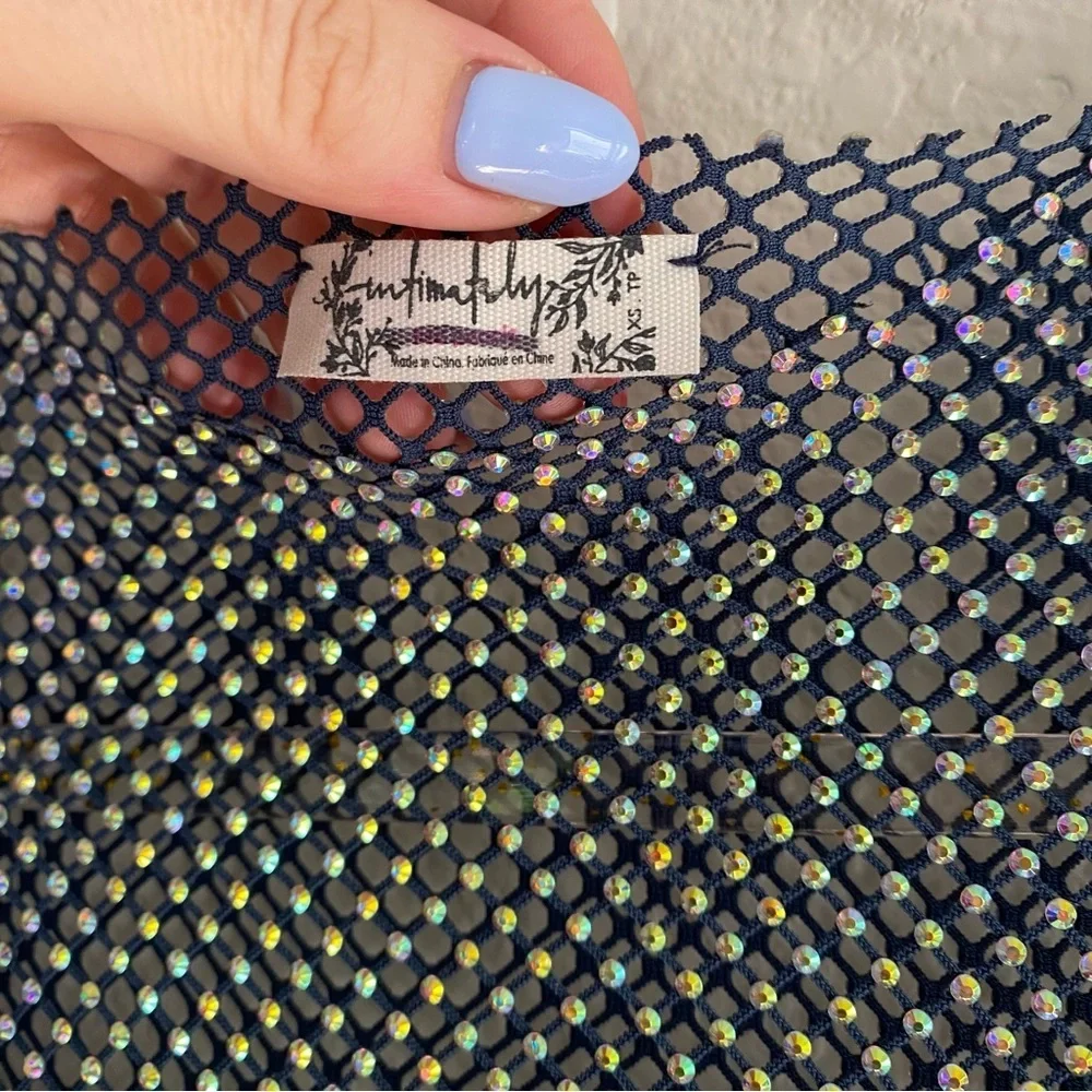 NEW Free People Filter Finish Long Sleeve Netted Rhinestone Top Navy